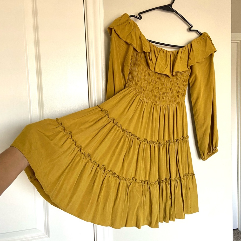F21 long sleeve off the shoulder mustard dress